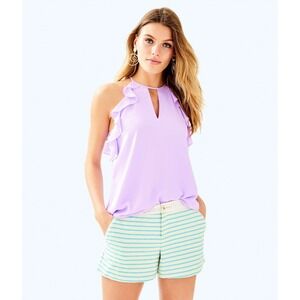 Lilly Pulitzer Womens Blue White Striped Shorts Silver Metallic Trim Size 2